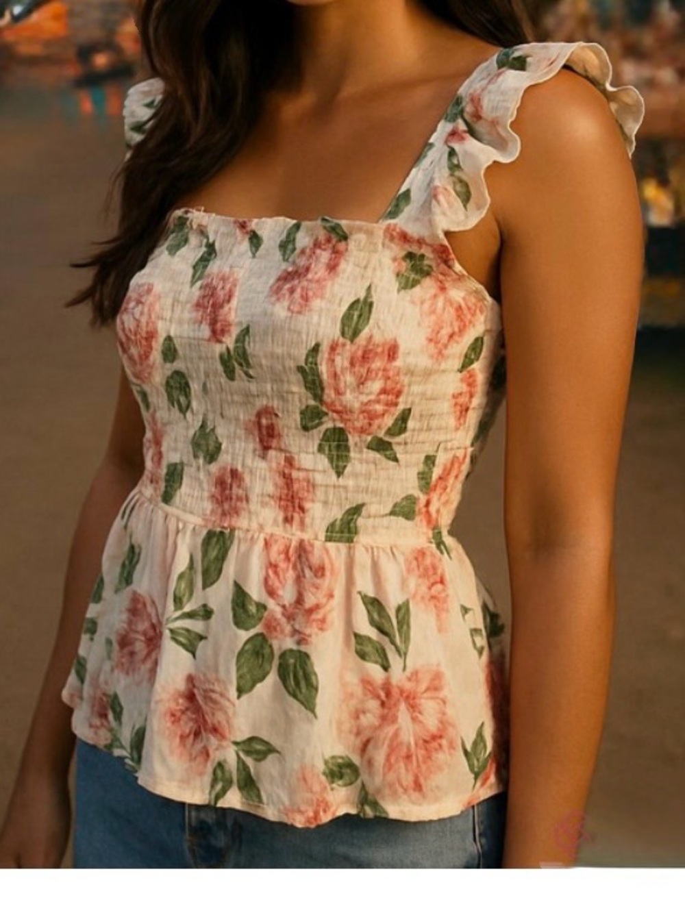 White and Pink Floral Smocked Peplum‎ Ruffle Sleeve Tank Top Size large.